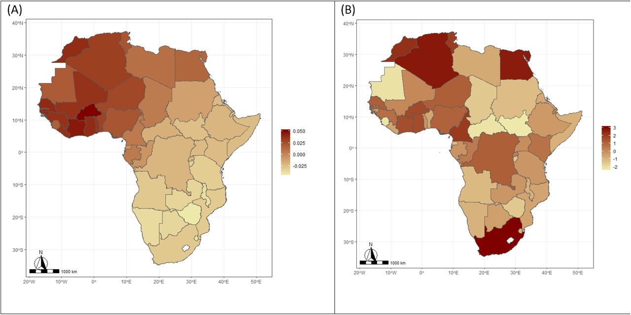 Structured (A) and unstructured (B) spatial effects for the mean of COVID-19 (lambda parameter) in Africa