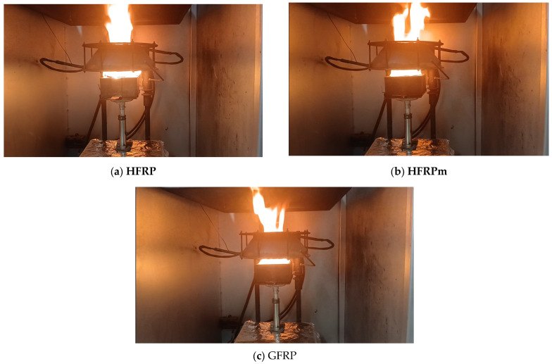 Photos of samples in the course of ignition: (a) HFRP; (b) HFRPm; (c) GFRP.