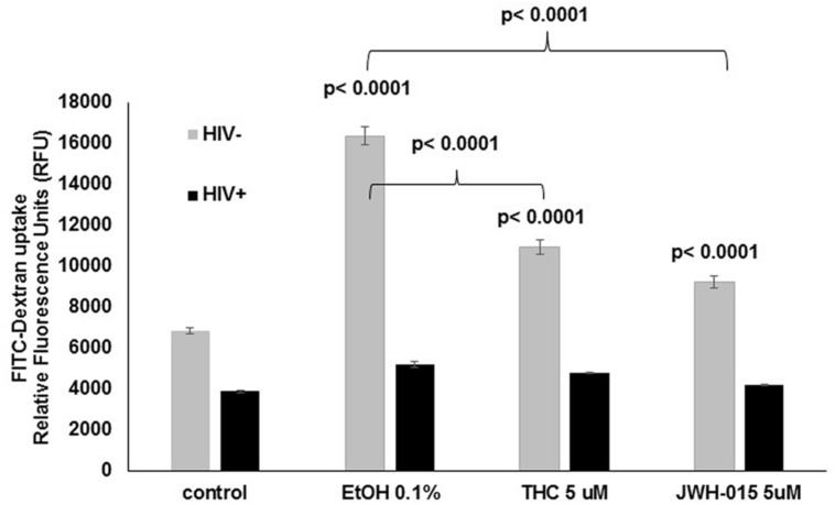 Alcohol treatment induces higher levels of endocytosis by uninfected MDDC when compare to control and cannabinoid treated cells. After MDDC differentiation, cells were treated with alcohol, THC or JWH-015 for 24 h. In addition, MDDC infected with HIV followed by treatment with alcohol, THC, or JWH-015 were also analyzed for FITC-Dextran uptake. Data are expressed as relative fluorescence units (RFU) representing FITC-Dextran uptake by uninfected (light gray bars) and infected (black bars) MDDC. Data are representative of three individual experiments performed at least in duplicates. Significant p-values are noted on graphs, p ≤ 0.05 is considered significant.