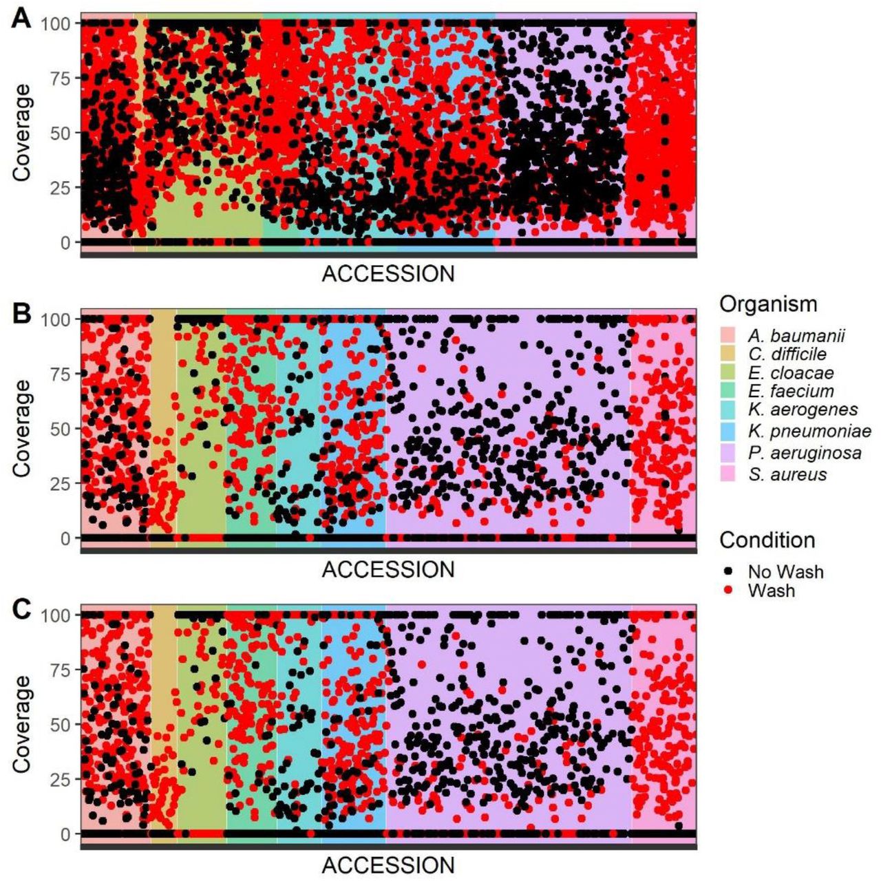 ABRicate Coverage of ESKAPE+C Genes Identified within Assembled Metagenomes in Direct Handwash and No Handwash Scenarios.This figure is labeled according to (A) all genes identified by ABRicate within the assembled contigs using the custom gene database, (B) after removal of shared genes, (C) after removal of 52 accessions known as false positives. Remaining accessions included direct contact scenarios of high inoculum that were simulated with and without handwash. ABRicate detection of gene coverage demonstrates pathogen-specific differences in the loss of signal between handwash and no wash events.