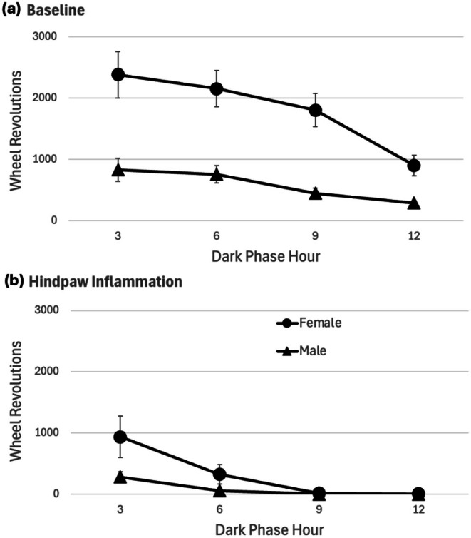 Hindpaw inflammation decreases wheel running across the entire 12‐h dark phase. (a) Baseline wheel running in female rats is greater than in male rats, but both follow the same pattern with running gradually decreasing across the dark phase. (b) CFA administration caused a dramatic decrease in wheel running beginning within the first 3 h of the dark phase until almost all running ceased during the last 6 h of the dark phase.
