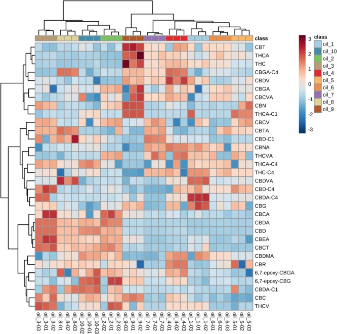 Heatmap built with the identified cannabinoids. Color-coding consists of shades of red and blue, where higher intensity of red stands for very high concentration and higher intensity of blue stands for very low concentration. The samples are shown in colors at the top of the heatmap, while cannabinoids are reported on each row.