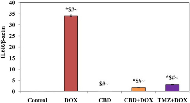 Effects of CBD and drug TMZ on IL6R gene concentration in combination pretreatment, where control, *, significant vs control; $, significant vs DOX, #, significant vs (CBD); and ~ , significant vs (CBD + DOX)