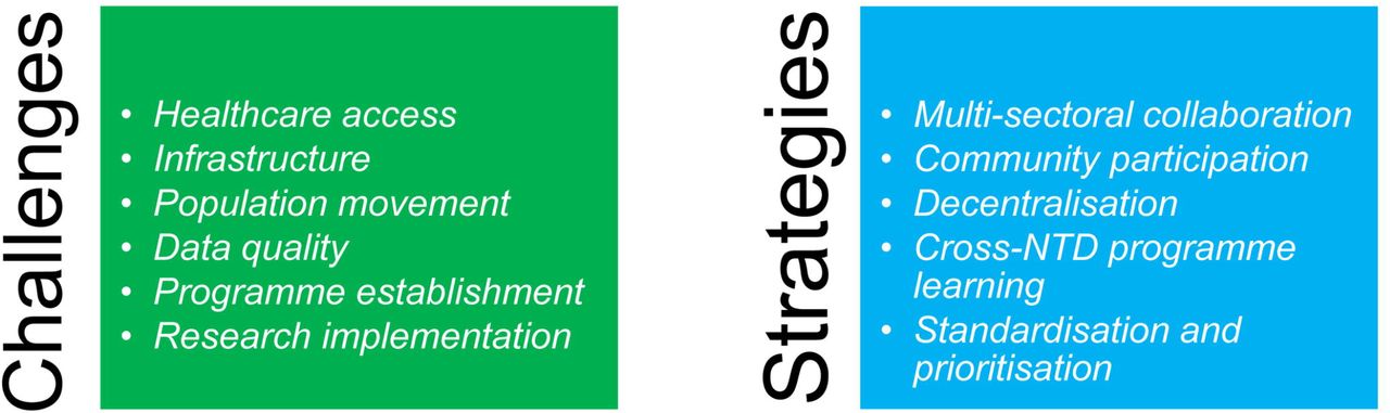 Summary of the themes arising from the 26 included papers, separated by challenges encountered by Neglected Tropical Disease (NTD) programmes in conflict-related humanitarian emergency settings, and strategies or learnings to overcome these challenges.