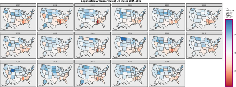 Choropleth map of log(testicular cancer incidence rates) across USA by Year. Maps were drawn in ggplot2, sf and RColorBrewer
