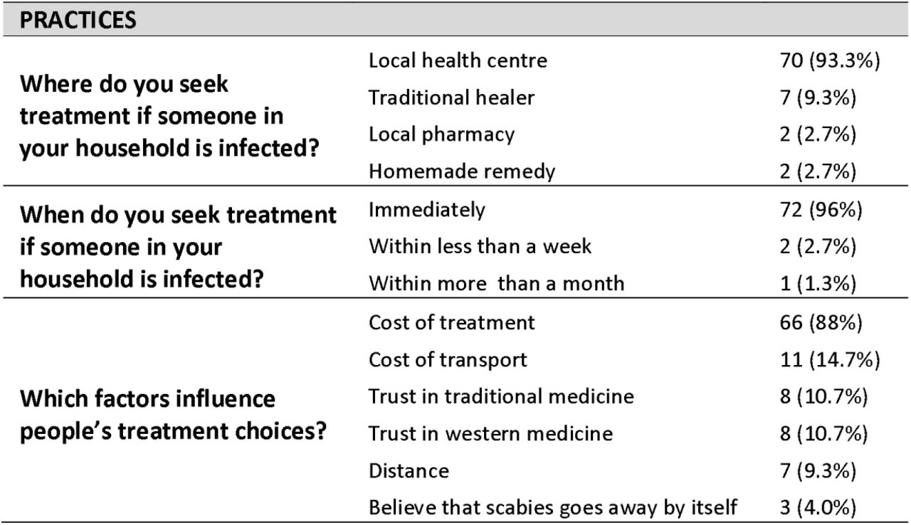 Main questionnaire findings on practices about scabies