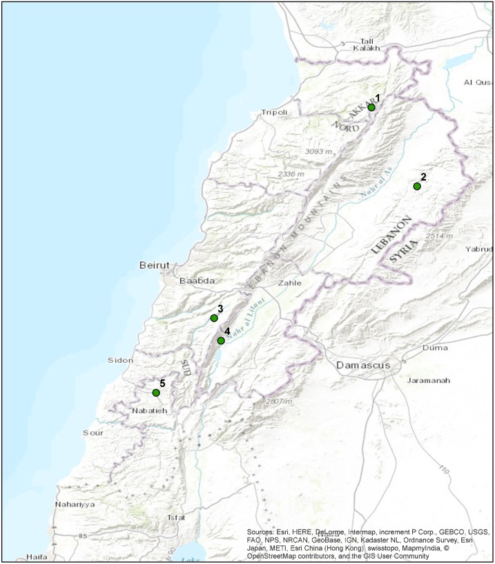 Location of case study villages in Lebanon.1, Michmich (S4), 2, Arsal (S1), 3, Barouk (S3), 4, Ain Zebdeh (S2) 5, Deir Zahrani (S5).