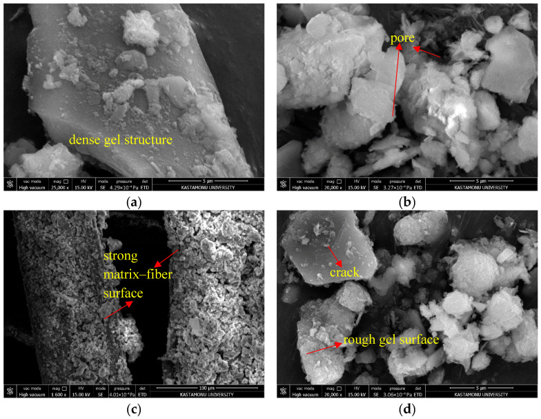 SEM images of Mixture 15: (a) matrix structure; (b) voids; (c) fiber–matrix interface; (d) after 10 F–T cycles.