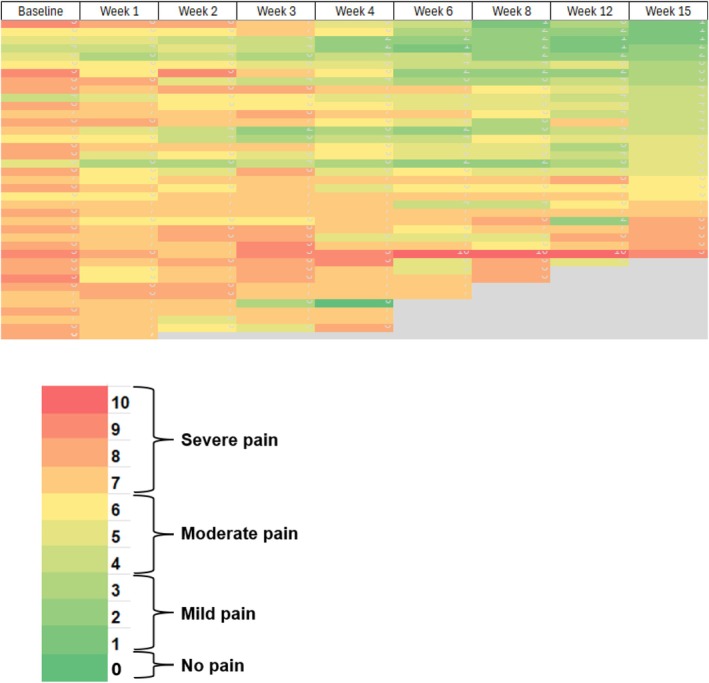 Heat map corresponding to change in worst pain for each participant during the study period. The X‐axis represents the time during the study while the y‐axis represents each study participant. Each lattice color represents a worst pain score on the Brief Pain Inventory (ranges from 0 to 10), with red representing more pain and green representing less pain. A change from red to yellow to green color represents an improvement in worst pain during the study period.