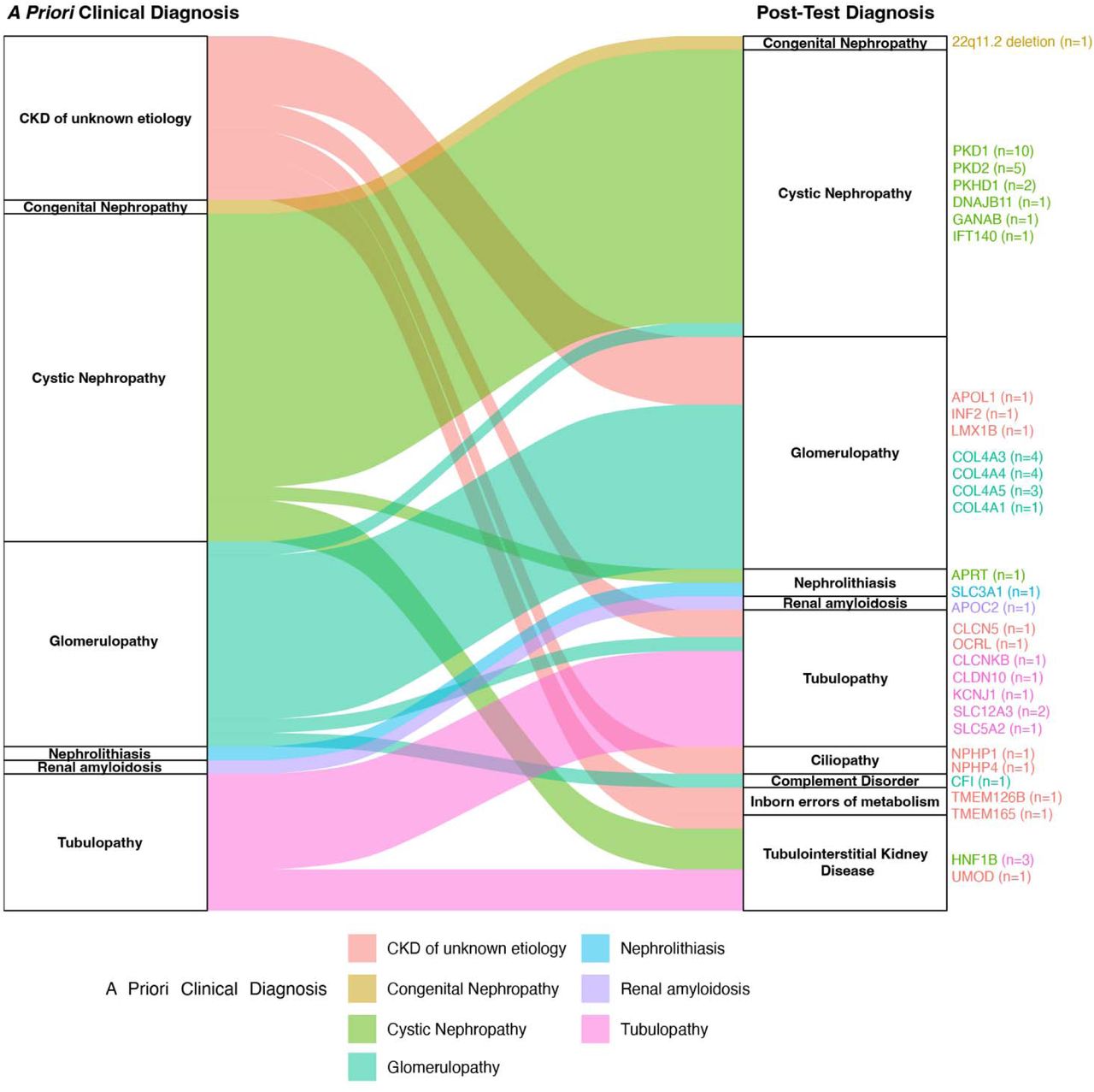 Diagnostic Reclassification: Pre-test (A Priori) vs Post-test (Post hoc) Diagnosis.Alluvial plot illustrating diagnostic reclassification flow from a priori clinical diagnosis (left) to final kidney disease category classification (right) for patients with positive diagnostic genetic testing results. Each flow stream represents patients, with stream thickness proportional to the number of cases. Colors correspond to the original a priori clinical diagnosis. On the right, the diagnostic genes associated with each clinical category are shown with the number of likely pathogenic/pathogenic variants represented in parentheses. Genetic testing frequently converted nonspecific labels, especially CKD of unknown etiology, into specific molecular entities, thereby resolving diagnostic uncertainty and aligning care with gene-defined pathways.