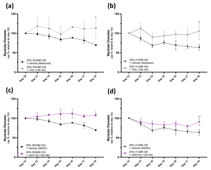 Protective effect of CB1/2 receptor agonist THC and selective CB2R agonist JWH133 treatment against myotube degeneration due to SW480/H1299-CM-induced cachexia. (a–d) At day 12, cancer CM was introduced to induce cachexia; 30% SW480 CM/70% DM or 30% H1299 CM/70% DM and, simultaneously, THC [100 nM], JWH133 [100 nM] or vehicle (Methanol/DMSO [0.1%]) was added. Cells were monitored and myotube diameters were measured daily for 6 days. Data are presented as % relative to diameter of mature myotubes at day 12. THC and JWH133 treatment groups were compared to their vehicle treated counterparts (* = p ≤ 0.05, ** = p ≤ 0.01). All data are mean ± SEM of at least n = 3. (a,b) Data demonstrate that THC [100 nM] protects against myotube degeneration in both SW480- (a) and H1299- (b) CM-induced cachexia; it prevents the reduction in myotube diameter observed in the vehicle- (methanol [0.1%]) treated-cancer-CM-induced cachexia groups. (c,d) Data demonstrate that JWH133 [100 nM] protects against myotube degeneration in both SW480- (c) and H1299- (d) CM-induced cachexia; it prevents the reduction in myotube diameter observed in the vehicle- (DMSO [0.1%]) treated-cancer-CM-induced cachexia groups.