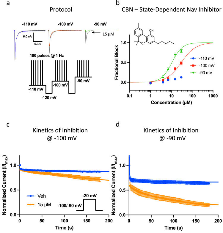 State-dependence of CBN as a Nav channel inhibitor.a Pulse protocol showing 180 pulses run at 1 Hz at each holding-potential and representative current traces. The arrow indicating 15 µM is pointing to smaller superimposed current trace which indicates inhibition imparted by CBN. The leftmost trace in blue shows that 15 µM does not comparatively inhibit as much of the Nav1.7 current as the orange trace (middle) or the green trace (rightmost). Each trace indicates data associated with one of the three holding-potentials that are indicated. b CBN potency at varying holding-potentials at pulse 180 (3 min) in Nav1.7 (IC50 (µM): −100 mV = 29.9 ± 3.2, −90 mV = 10.7 ± 0.8; Hill coefficient: −110 mV = −100 mV = 1.3 ± 0.2, −90 mV = 1.7 ± 0.2; n = 12–26). Structure of CBN is shown at the top left. c Kinetics of inhibition of Nav1.7 at −100 mV, d and −90 mV holding-potentials (Mean tau (s): −100 mV Veh = 6.3 ± 0.9, −100 mV CBN = 51.4 ± 4.0, −90 mV Veh = 1.1 ± 0.4; −90 mV CBN = 76.2 ± 11.5, n = 8–15).