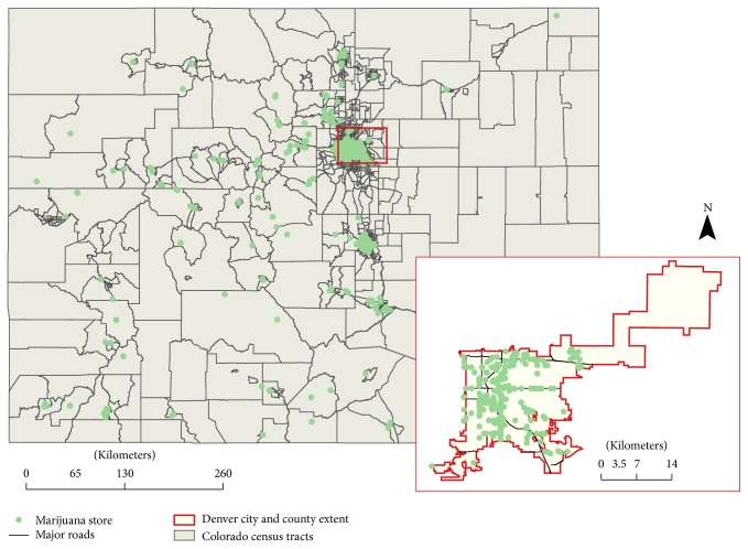Spatial distribution of marijuana stores at census tract level in Colorado (census tract N = 1,249).