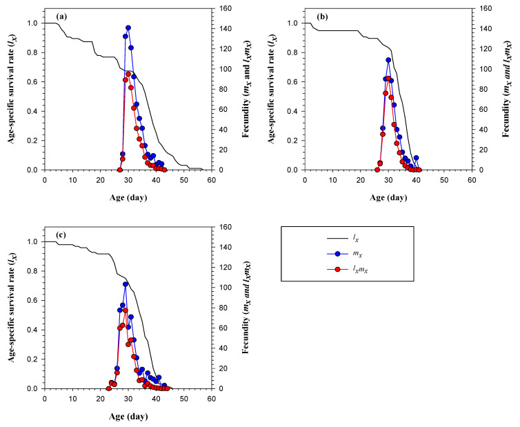 The age-specific survival rate (lx), the female age-specific fecundity (mx), and age-specific net maternity (lxmx) of FAW on (a) napier grass, (b) natal grass, and (c) sunn hemp.