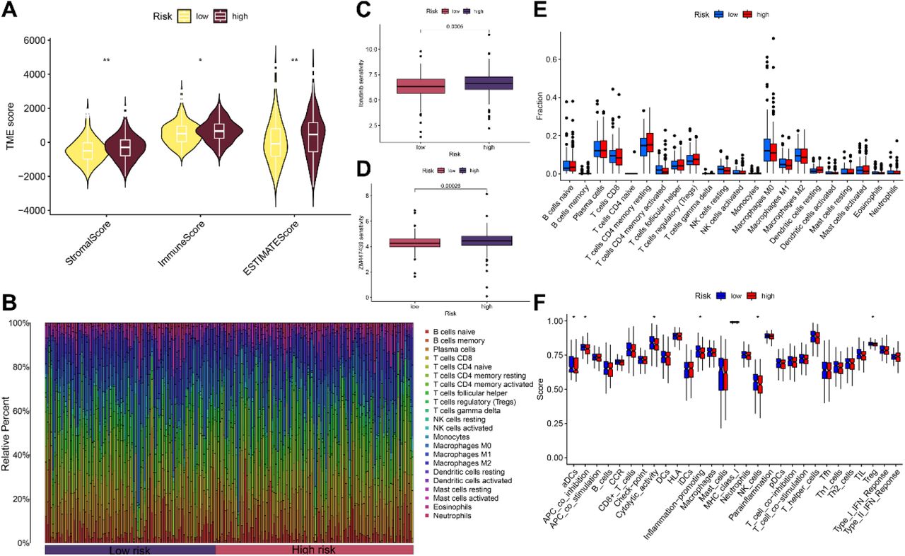 Immune infiltration and drug sensitivity analysis A. Differences in tumor microenvironment between high and low risk groups; C, D. Drug sensitivity analysis between patients in high and low risk groups; E. Results of immune cell infiltration analysis; F. Results of analysis of differences in immune function; *: P < 0.05; **: P < 0.01; ***: P < 0.001