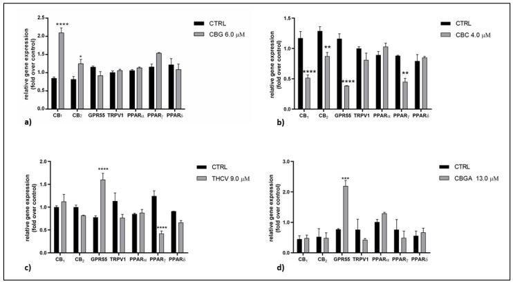Gene expression of eCB-binding receptors (CB1, CB2, GPR55, TRPV1 and PPARα/γ/δ) following 24 h of treatment with half-IC50 amounts of: (a) CBG, (b) CBC, (c) THCV and (d) CBGA. The values were expressed as 2(−ΔΔCt) and were normalized to β-actin and GAPDH as housekeeping genes. The data are the means ± SEM of three independent experiments (n = 3). Statistical analysis was performed using a two-way ANOVA test, followed by the Bonferroni post hoc test (* p < 0.05, ** p < 0.01, *** p < 0.001 and **** p < 0.0001 vs. control).