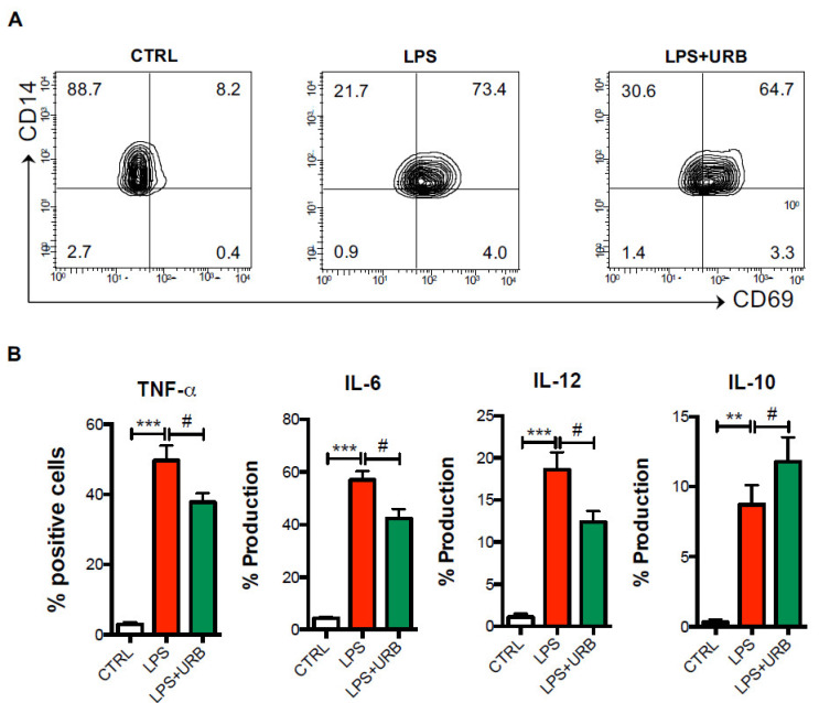 Pharmacological FAAH inhibition reduces monocyte inflammatory responses in AD patients. Cells from AD patients were cultured in the absence or presence of the FAAH inhibitor URB597 (URB), and then were challenged with LPS for 6 h in the presence of the exocytosis inhibitor brefeldin A as detailed in the materials and methods. By means of polychromatic flow cytometry, the surface expression of the activation marker CD69 (A) and intracellular production of TNF-α, IL-6, IL-12p40 and IL-10 (B) was measured. Data are shown as mean percentages of positive cells ± s.e.m. of 4–5 independent experiments. ** p < 0.01 and *** p < 0.005 vs. CTRL; # p < 0.05 vs. LPS.