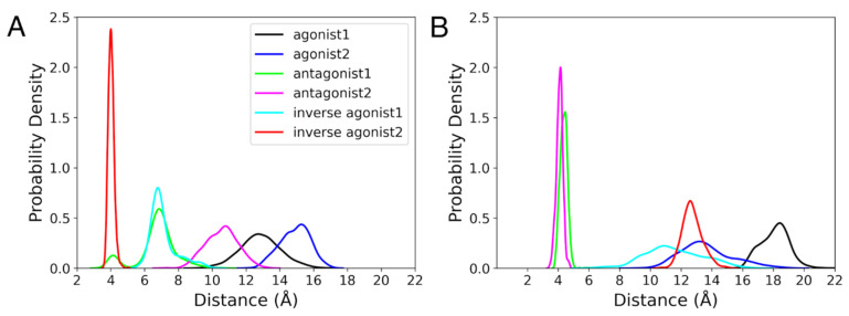 Ionic Lock. The probability density for the difference between COMs of Arg3.50 and Asp6.30 during the last 100 ns of the 1 µs MD simulation of the active and inactive states of (A) CB1R and (B) CB2R.