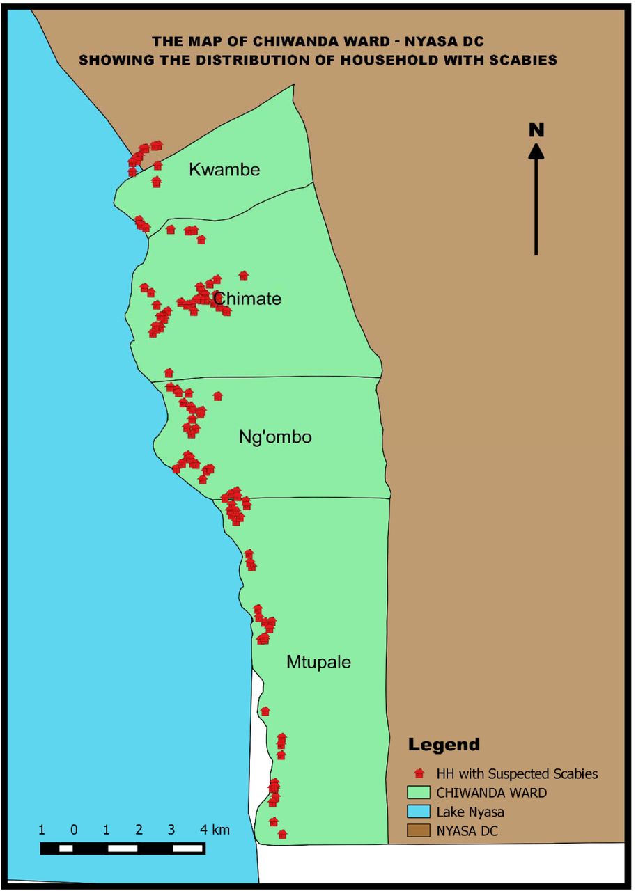 Red points represent households reporting scabies symptoms in the respondent or any household member (n=120; 60.6%). The map shows clustering patterns across four villages: Chimate, Kwambe, Mtupale, and Ngombo, with notable concentration in Chimate and Mtupale villages along the lakeshore. The blue area represents Lake Nyasa. The scale bar indicates 0-4 kilometers.