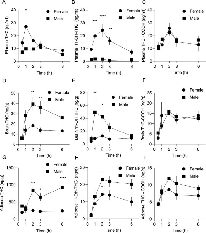 Δ⁹-tetrahydrocannabinol (THC), 11-hydroxy-THC (11-OH-THC), and 11-nor-9-carboxy-Δ⁹-tetrahydrocannabinol (THC-COOH) concentrations in plasma, brain, and adipose tissue. Comparison of male and female plasma levels of (A) THC, (B) 11-OH-THC, and (C) THC-COOH. Comparison of male and female brain (hippocampus) levels of (D) THC, (E) 11-OH-THC, and (F) THC-COOH. Comparison of male and female adipose tissue (G) THC, (H) 11-OH-THC, and (I) THC-COOH. Data are presented as mean ±SEM, n = 5–6.