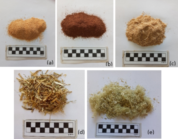 Utilized bio-materials (a) black pine wood powder (BG), (b) black pine bark powder (BB), (c) pellet crumb (P), (d) agro-pasture fibers (A) and (e) hemp fibers (H)