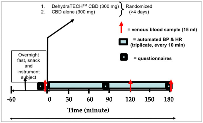 Schematic for Study. The full planned protocol lasted <4 h. Participants arrived in the laboratory after an overnight fast. A snack high in fat (muffin) was provided upon initial arrival. A 15 mL blood sample (red arrows) was collected at baseline and following 120 and 180 min. Automated blood pressure and heart rate were obtained, in triplicate, every 10 min. Before dosing and every 90 min thereafter, standardized questionnaires were used to assess GI symptoms and anxiety. See text below for dosing details.