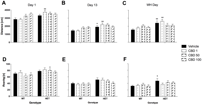 Horizontal locomotor and vertical activity (i.e. rearing) in the open field test (10 min) after injection of CBD.A–C: Overall distance travelled and D–F: Rearing on days 1, 13 and treatment withheld (WH) day. Data represent mean+S.E.M. Significant one-way ANOVA (split by ‘treatment’) results are shown: * P<0.05, ** P<0.01 (vs. WT receiving corresponding treatment).