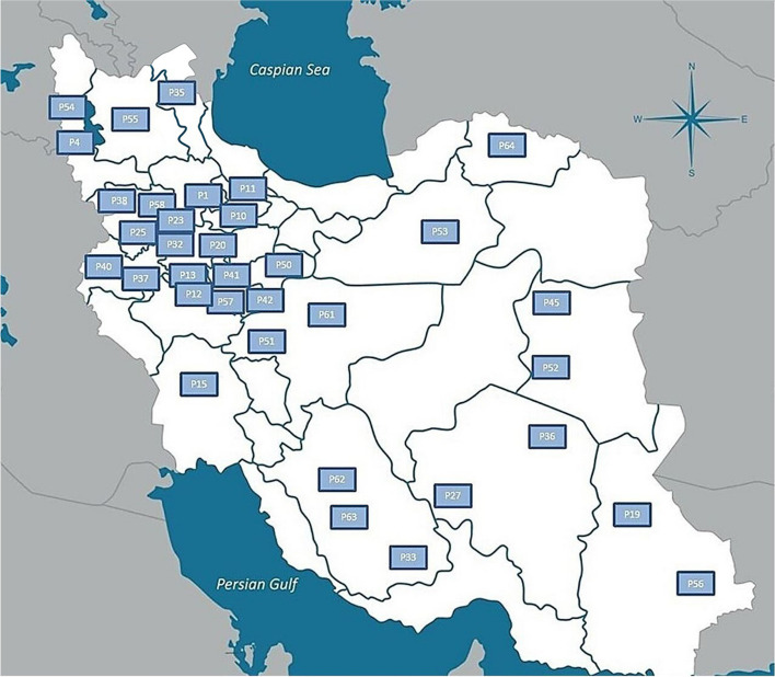Collection sites and geographical distribution of the studied cannabis populations across regions of Iran. The labels on the map represents the code of each population