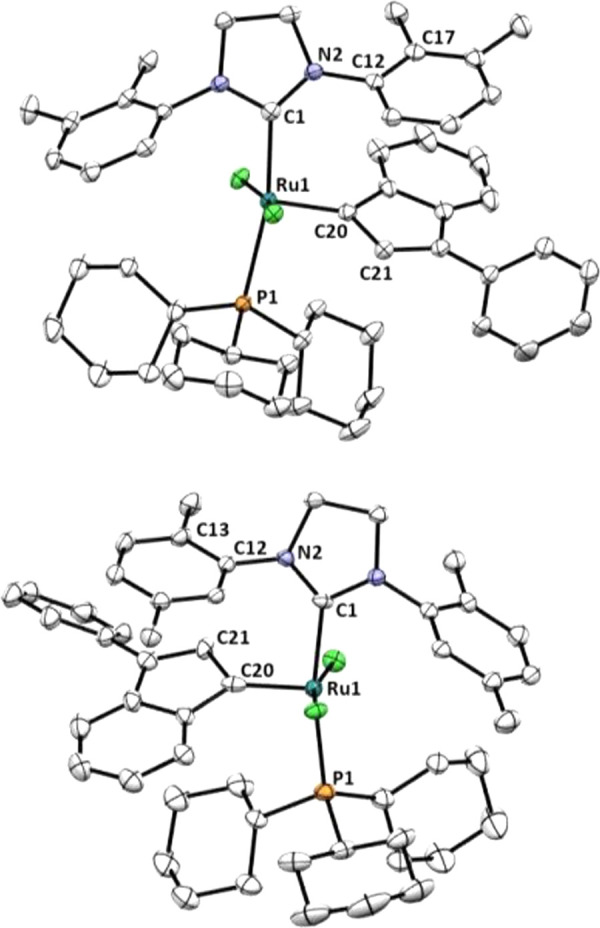 Molecular structures of Ru11 (top) and Ru13 (bottom). Ellipsoids are drawn at the 50% probability level. Hydrogen atoms are omitted for clarity.