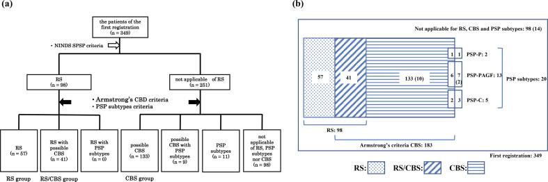 Classification of patients registered in the JALPAC. a) The flowchart for various PSP/CBS diagnosis and overlaps, b) The 349 patients are classified into three groups based on the central diagnosis—57 patients in the RS group; 41 who met both the RS and CBS clinical criteria in the RS/CBS group; and 133 who met the CBS clinical criteria, excluding those for the RS and PSP subtypes, in the CBS group. The numbers indicate the number of patients. The parentheses indicate the number of patients who met neither the RS criteria nor any RS exclusion criteria at the first registration but met the RS criteria at the final registration. JALPAC: Japanese Longitudinal Biomarker Study in Progressive Supranuclear Palsy and Corticobasal Degeneration; RS: Richardson’s syndrome; RS/CBS: Richardson’s syndrome/corticobasal syndrome; CBS: corticobasal syndrome.