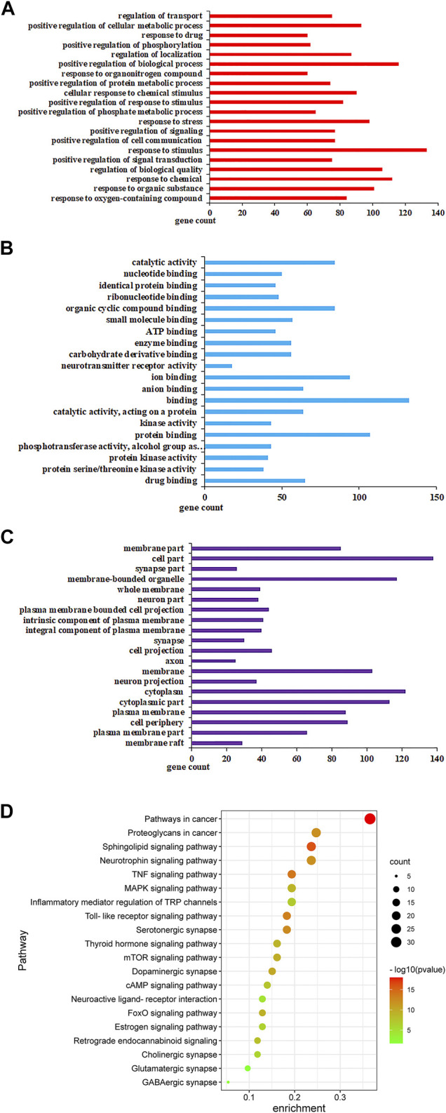 GO analysis and KEGG analysis of potential targets for primary active ingredients from ZZX against PTSD. (A) Biological processes (BP); (B) molecular function (MF); (C) cellular components (CC); (D) KEGG enrichment analysis.