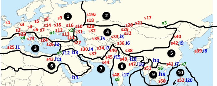 Taxon names applied by field botanists. Locations of “C. sativa” labeled alphanumerically, s1, s2, and so on. Locations of “C. indica” labeled alphanumerically, i1, i2, and so on. Locations of other Cannabis taxa labeled alphanumerically, x1, x2, and so on. Base map shows the boundaries of 10 floristic regions (Takhtajan 1986). Map adapted from McPartland and Guy,51 which links alphanumerical sites with literature citations.