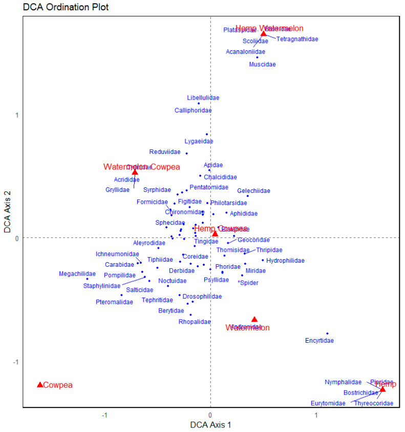 Detrended Correspondence Analysis (DCA) ordination of arthropod communities across different cropping systems. Each point represents an arthropod family, with proximity in ordination space reflecting similarity in community composition. The cropping systems are in red prints, while arthropod families are in blue. Seventeen (17) data points were unlabeled due to overlaps.