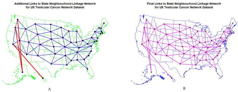 Map of geospatial neighbour links use din spatial regressions (A) edited and (B) final.