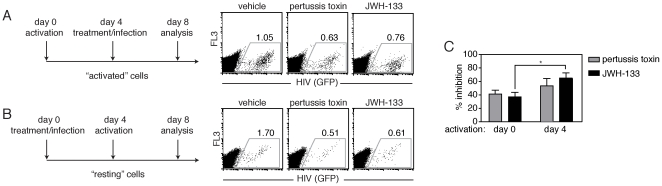 Inhibition of HIV-1 infection by CB2 activation is enhanced in CD4+ T cells infected prior to activation.(A–C) Infection, as measured by GFP expression, in primary CD4+ T cells activated with mitogen (A) for 4 days prior or (B) 4 days after treatment with pertussis toxin or 100 nM of the CB2 agonist JWH-133 (A, B) in a representative donor and (C) in multiple donors (mean±SEM; n = 4 donors; *p<0.05).