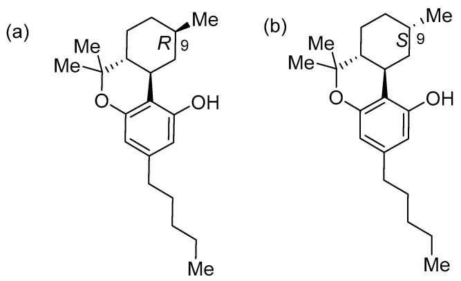 Structures of HHC epimers: (a) (6aR,9R,10aR)-HHC; (b) (6aR,9S,10aR)-HHC.