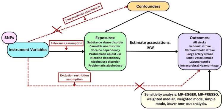 Mendelian randomization study design and key assumptions in investigating substance use disorders and stroke subtypes.