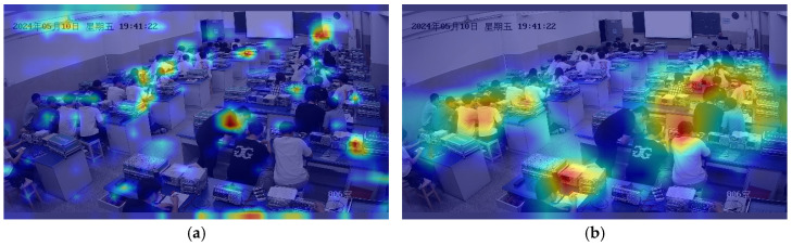 Heat map comparison of the baseline and proposed model: (a) baseline model; (b) proposed model.