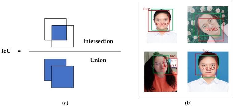 IoU calculation and applications. (a) IoU calculation example diagram; (b) dividing samples according to IoU thresholds.