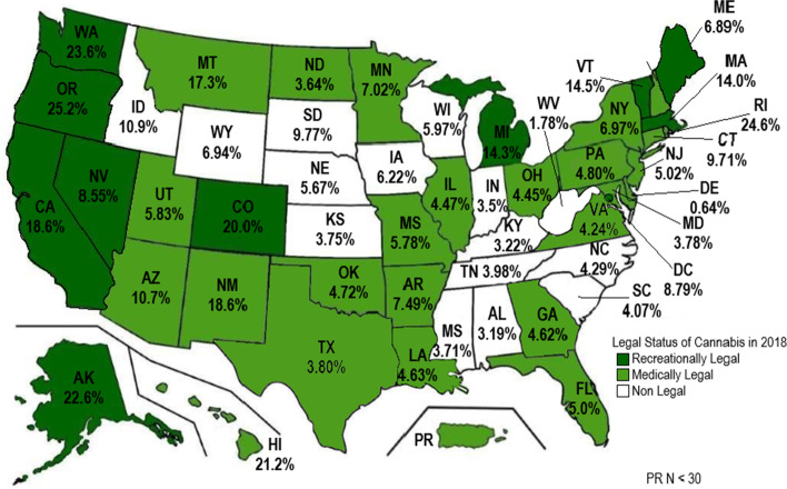 Prevalence of Cannabis use in Veterans 18 years and older on prescription opioid therapy across US States and territories in 2018. Original figure created using microsoft word 2021 and microsoft paint 2021