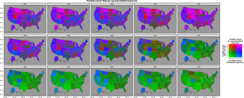 Map-graph of bivariate distribution of prostate cancer and cannabidiol exposure across the USA. Drawn using colorplaner palette