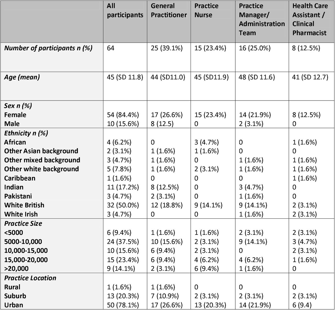 Characteristics of Primary Care Professionals Interviewed