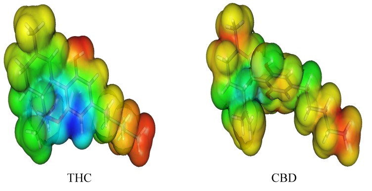 Molecular electrostatic potential (MEP) surface of cannabinoid derivatives.