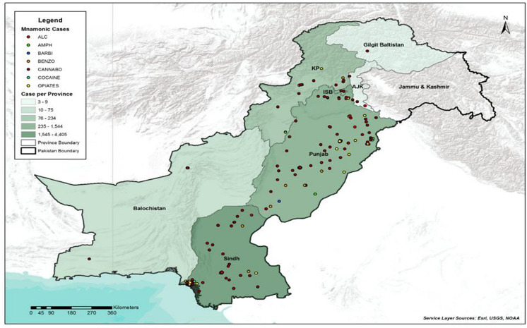 Chloropeth map showing the density of drugs of abuse testing and common positive screen drugs in each province of Pakistan.Legend: The link to the base layer of the map is: shows the volume of testing, and positive screen test for each drug of abuse over a fifteen-year period https://server.arcgisonline.com/ArcGIS/rest/services/World_Terrain_Base/MapServer. Additionally, the link to the shapefile is https://data.humdata.org/dataset/cod-ab-pak.