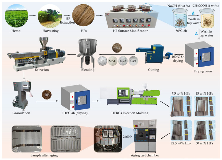 Schematic of HFs surface modification, HFRPs specimen fabrication, and accelerated aging procedure.