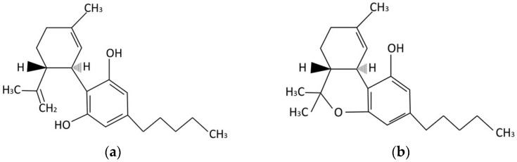 Molecule structure of (a) cannabidiol (CBD) and (b) (−)-∆9-tetrahydrocannabinol (∆9-THC). Figure was created by authors using ChemSketch Freeware 2021.2.0 (Advanced Chemistry Development, Inc., Toronto, ON, Canada).