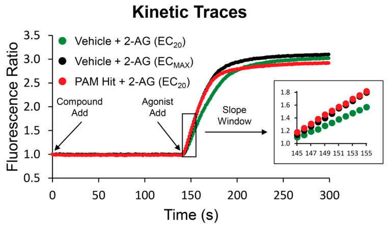 Sample traces from screen of FDA collection exemplify a PAM hit. Test compounds or vehicle were added at t = 1 s, and the fluorescence ratio was monitored. 2-AG (EC20 or ECMax) was added at t = 141 s. Fluorescence readings for each time point in a well were divided by the fluorescence reading at the initial time point to account for differences in cell number, non-uniform illumination, and dye-loading. The slope value for each kinetic trace was calculated for the time window of 145–155 s. The average slope was calculated for wells containing vehicle and this value was subtracted from all wells. Vehicle-subtracted slopes were normalized to the relevant maximal agonist signal for each assay. Traces for a sub-maximal agonist response (EC20, green) are compared to a maximal response (ECMax, black) and PAM hit (red).