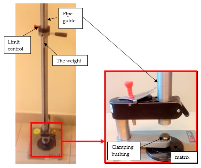 The test stands for evaluation of samples’ impact resistance—general view and the magnification of the base of the test stand.