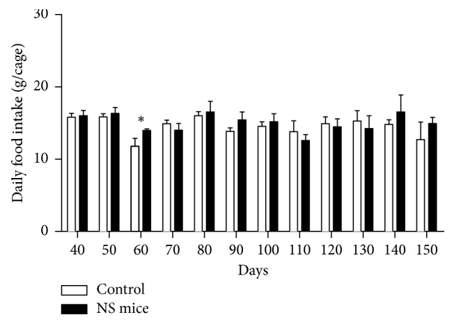 Twenty-four hours of food intake measured in gram (g), every 10 days from 40 to 150 days. ∗P < 0.05 (Mann–Whitney U test; mean ± SEM; n=5 cages with 3 mice each/group).