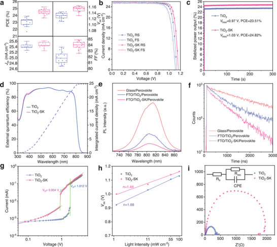 a) Photovoltaic performance of the TiO2‐FAPbI3 and TiO2‐SK/FAPbI3 PSCs. b) J–V curves of the TiO2‐FAPbI3 and TiO2‐SK/FAPbI3 PSCs. c) Stabilized power output (SPO) of the TiO2‐FAPbI3 and TiO2‐SK/FAPbI3 PSCs. d) External quantum efficiency (EQE) test of the TiO2‐FAPbI3 and TiO2‐SK/FAPbI3 PSCs. e,f) Photoluminescence and time‐resolved photoluminescence (TRPL) tests of the TiO2/FAPbI3 and TiO2‐SK/FAPbI3 films. g) Space‐charged limited current (SCLC) of the device in a structure of FTO/TiO2/perovskite/PCBM/BCP/Au. h) The dependence of V oc on the light intensity of the TiO2‐FAPbI3 and TiO2‐SK/FAPbI3 PSCs. i) Electrical impedance spectroscopy (EIS) measurements of the TiO2‐FAPbI3 and TiO2‐SK/FAPbI3 PSCs.